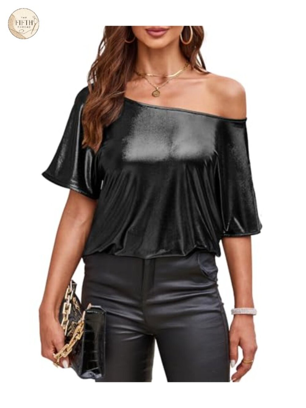 Sequin Off Shoulder Sparkly Glitter Short Sleeve Tunic Blouse Loose Fit